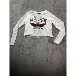 Ruby & Lace White Motorcycle Graphic Long Sleeve Crop Top Shredded‎ Size M
